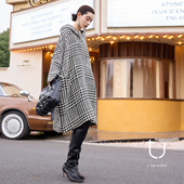 羊毛上衣 复古千鸟格连帽斗篷宽松外套阔版 明星同款 TU女装