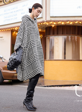 【明星同款】TU女装 复古千鸟格连帽斗篷宽松外套阔版羊毛上衣