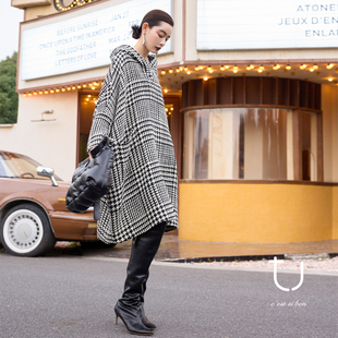 明星同款 阔版 TU女装 新款 羊毛上衣 复古千鸟格连帽斗篷25年冬季