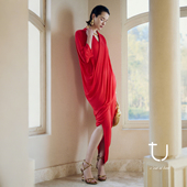 蝙蝠袖 TU梦漪 三醋酸针织廓形连衣裙2026年春新款 不规则长裙子