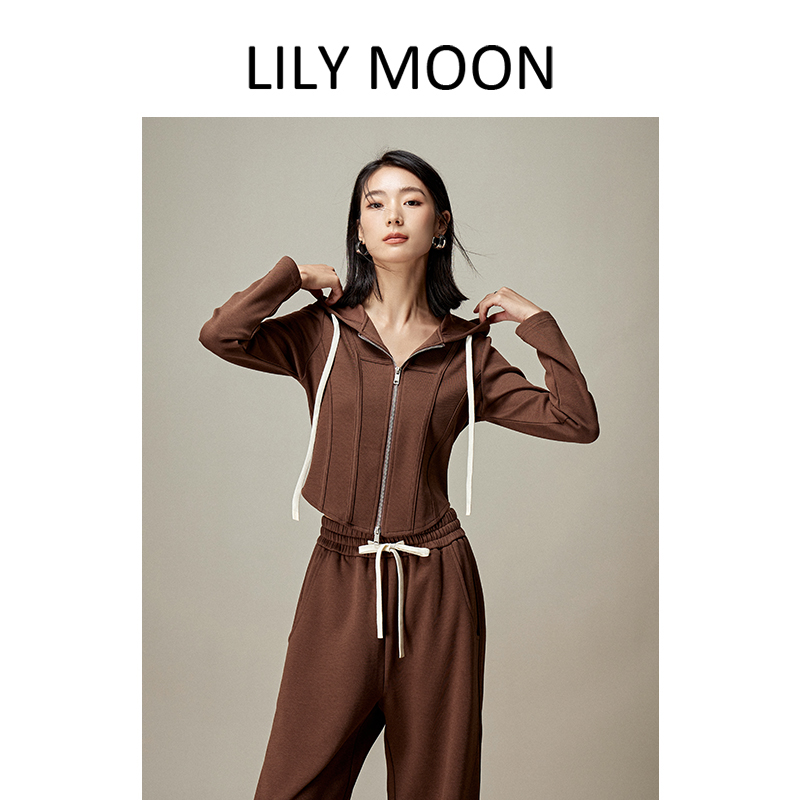 LILYMOON春秋爆款莫代尔休闲连帽拉链卫衣女鱼骨线收腰显瘦带帽