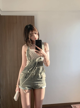 【MYQoQstore】美式复古风辣妹水洗牛仔背带短裤女夏季设计感