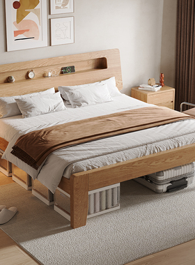 橡木高脚床实木床1米5主卧高端大气1.8米床离地高床底可储物床