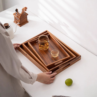长方形托盘咖啡杯木质托盘家用 黑胡桃实木托盘茶杯水杯收纳盘日式