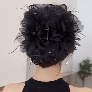 大花朵羽毛抓夹女夸张增发量发夹高级感鲨鱼夹大号发卡头花头发饰