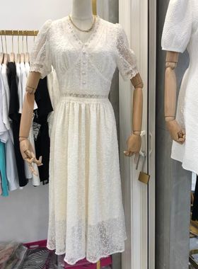 咔蒂妮81809蕾丝连衣裙中长款修身镂空V领短袖2021年夏季裙子女仙