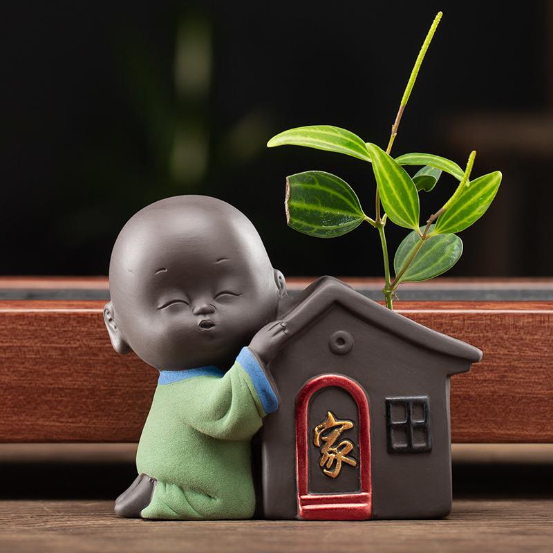 小和尚花器水培茶宠摆件精品可养禅意五福小沙弥茶桌可爱迷你花瓶