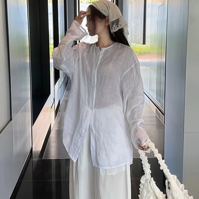 极简亚麻圆领微透薄款白色衬衫女