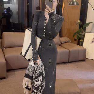 灰色v领璀璨星空厅里厅气连衣裙2025新款春秋气质收腰显瘦包臀裙