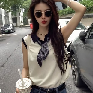 上衣 超火减龄撞色翻领针织无袖 t恤女2025新款 夏季 轻熟小众不撞款