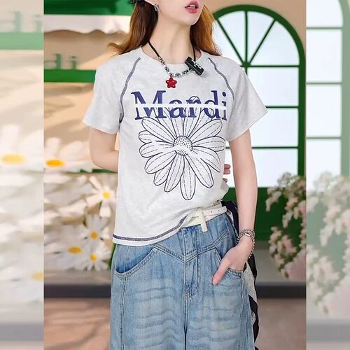 韩系chic小雏菊印花短袖t恤女202