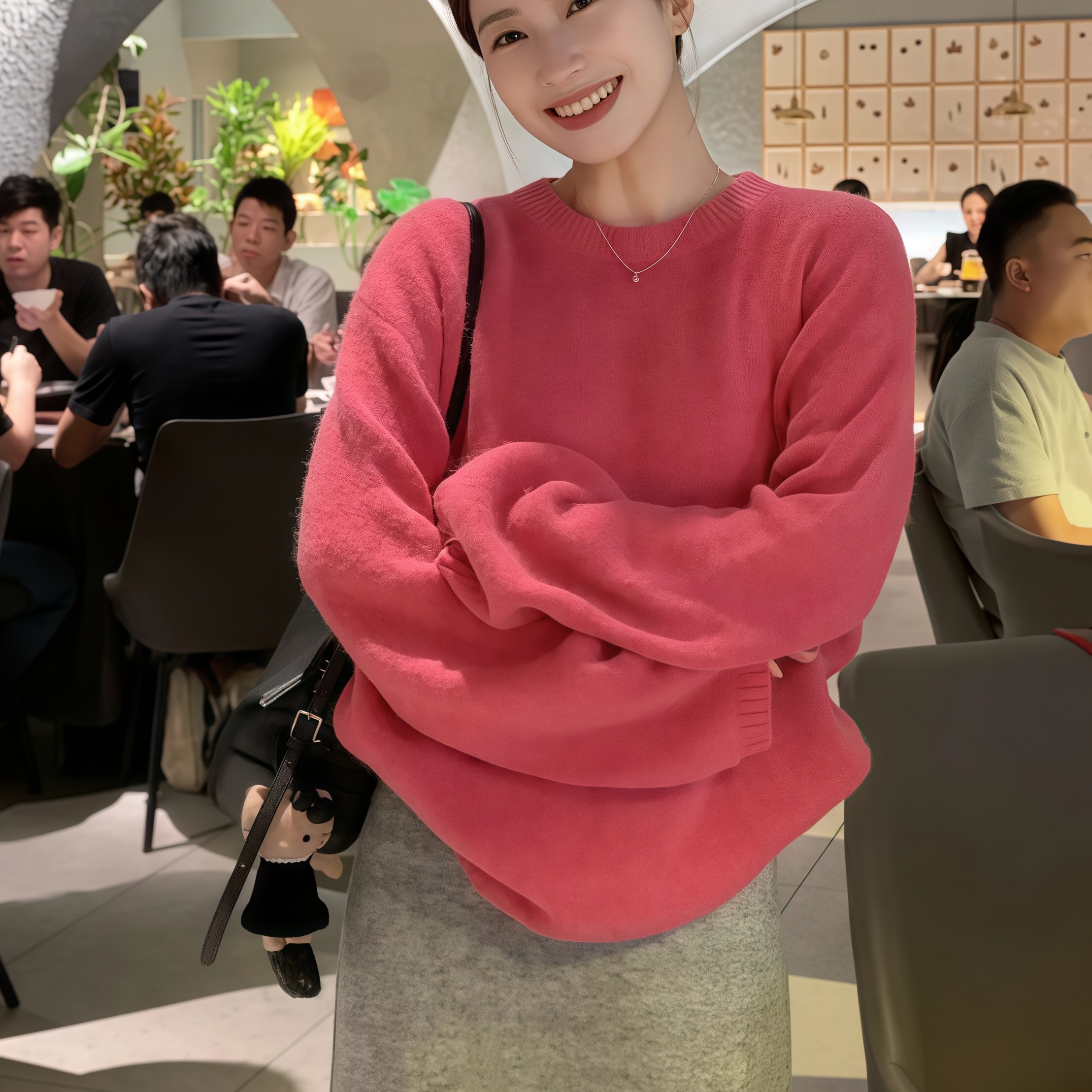 秋季穿搭巨好看粉色毛衣女款