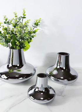 北欧简约餐桌银色玻璃花瓶装饰品售楼部样板房间茶几玄关花器