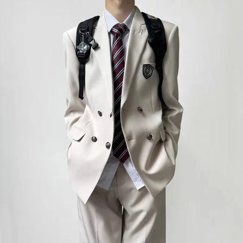 dk日系校供感米白色西装男春秋季青少年戗驳领双排扣西服外套上衣