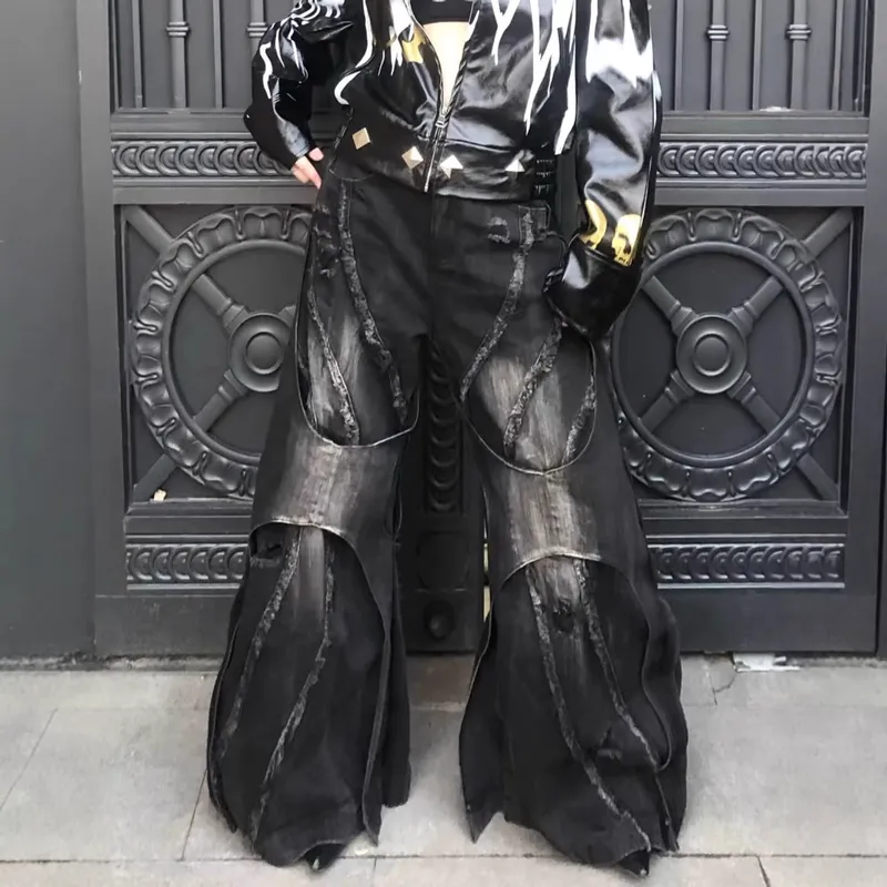 重工结构拼接毛边喇叭牛仔裤子女2026春秋新款宽松做旧擦色阔腿裤