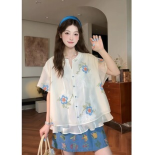 圆圆上衣【花笺】夏季设计感文艺清新重工刺绣洋气衬衫21637