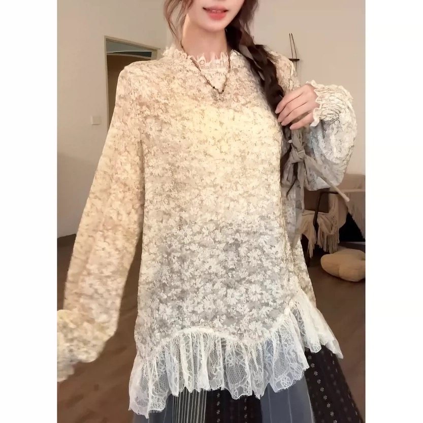 秋冬新款不规则复古文艺碎花蕾丝拼接式弹力宽松中长款叠穿打底衫