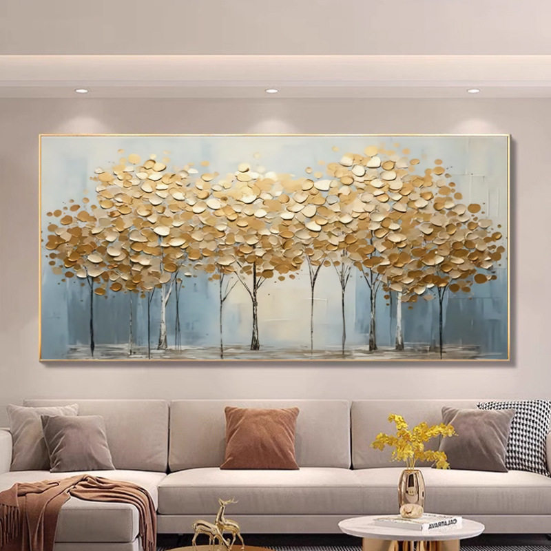 纯手绘油画黄金树民宿侘寂风抽象画客厅玄关装饰画肌理绘画