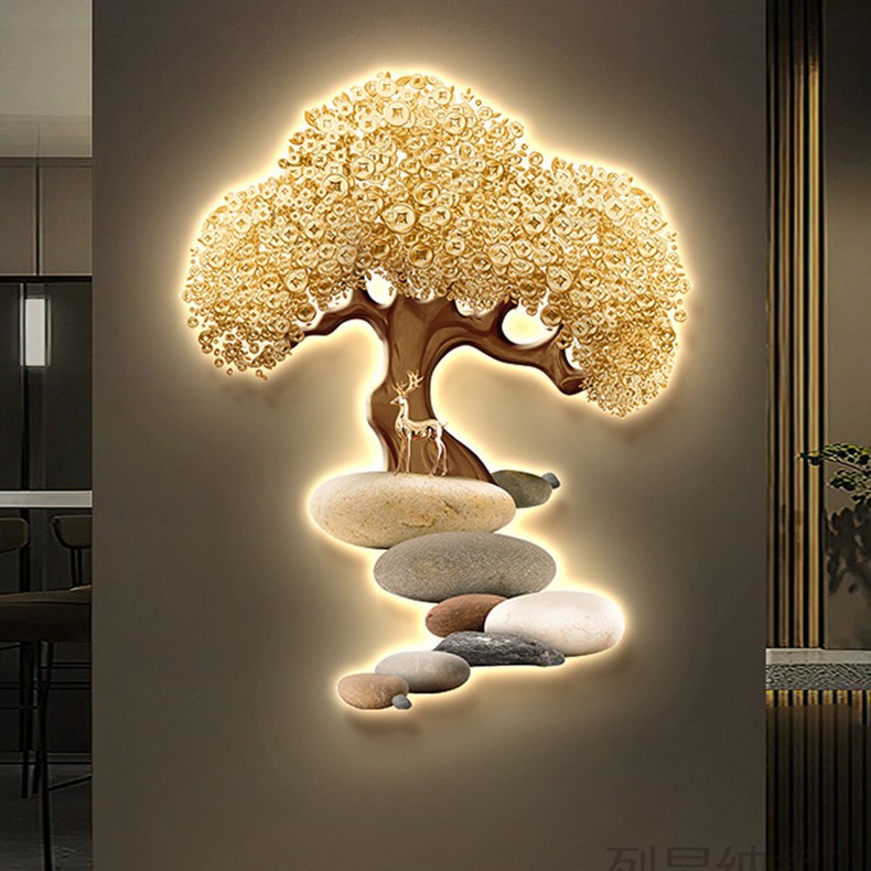 发财树入户玄关装饰画对门过道走廊吉祥鹿led壁灯画发光简约挂画