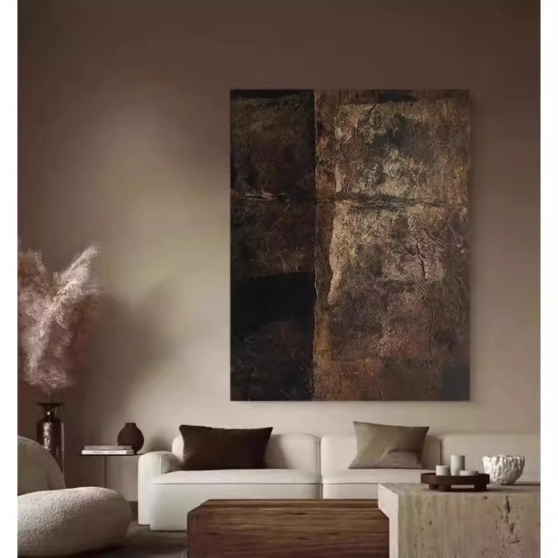 中古风肌理手绘油画侘寂凤客厅沙发背景墙装饰画玄关立体无框挂画图片