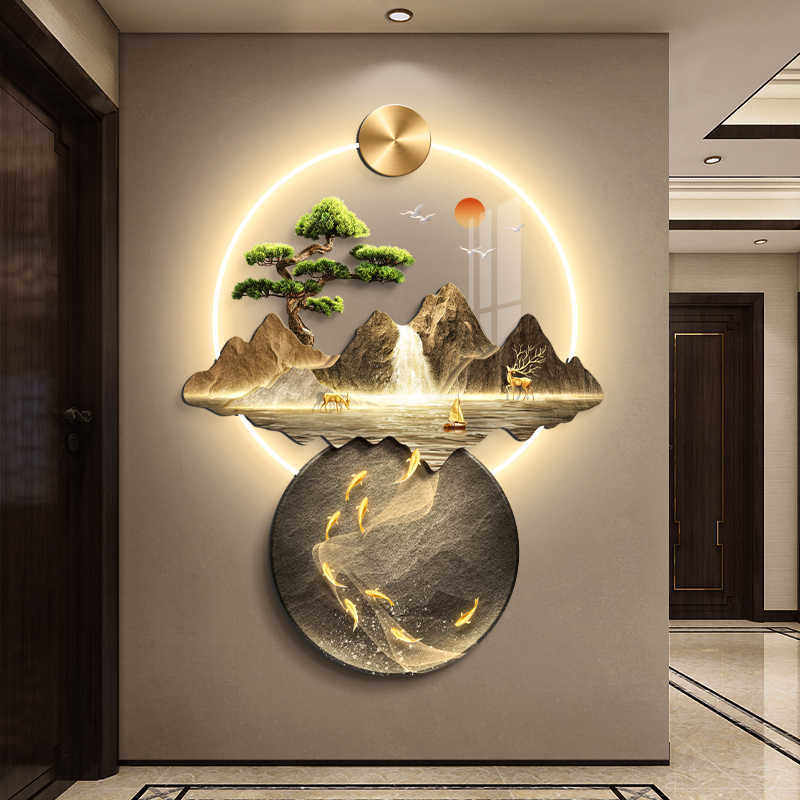 流水生财入户玄关装饰画新中式山水画过道立体挂画无框亚克力灯画