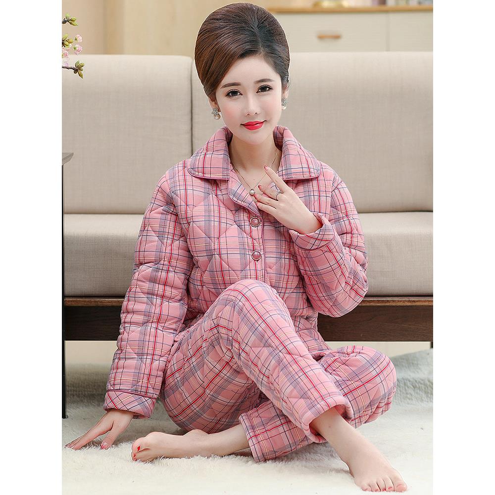 睡衣女士冬季加厚三层夹棉妈妈中老年套装秋冬款家居服加大码