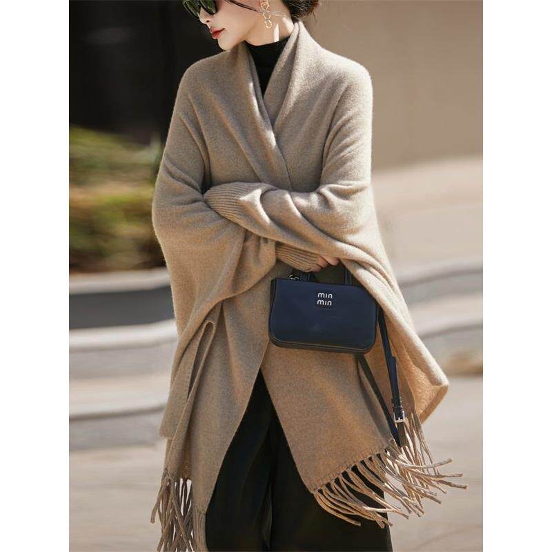 慵懒风100%纯羊毛针织流苏开衫外搭女秋冬中长款带袖旗袍披肩斗篷