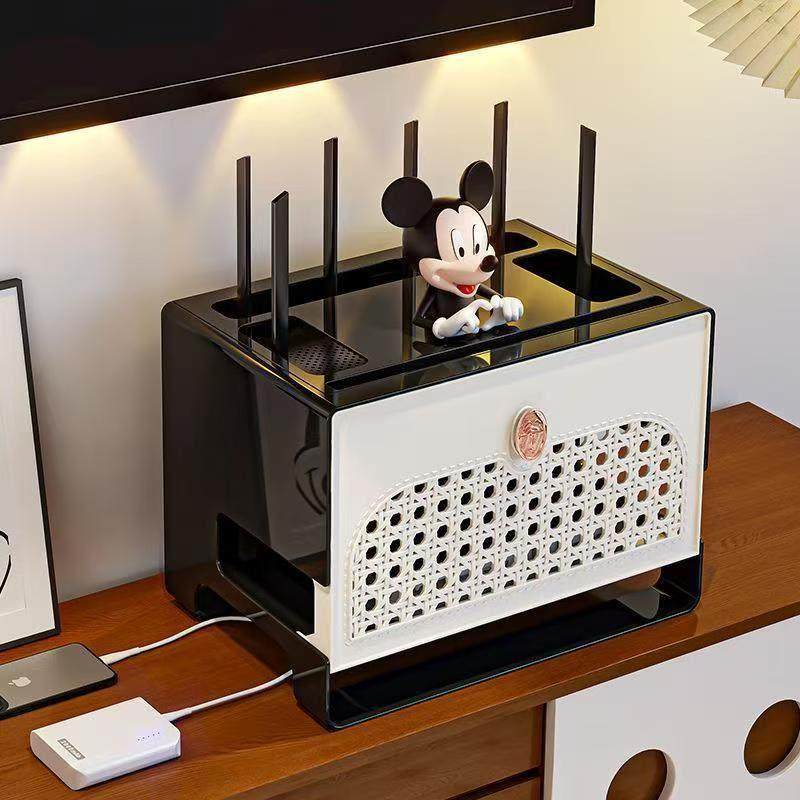 复古无线网收纳盒藤编路由器收纳盒古风三层桌面理线盒插排收纳架