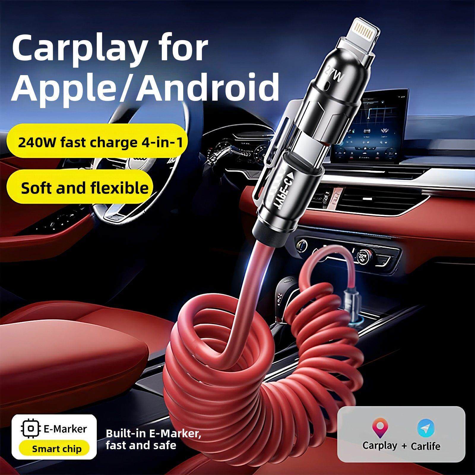 车载屏幕投影数据线四合一240W超级快充适用于华为、苹果Pd双c型