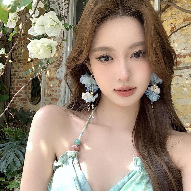 超仙夏日蓝色流苏花朵耳钉女高级感海边度假风耳环绝美氛围感耳饰