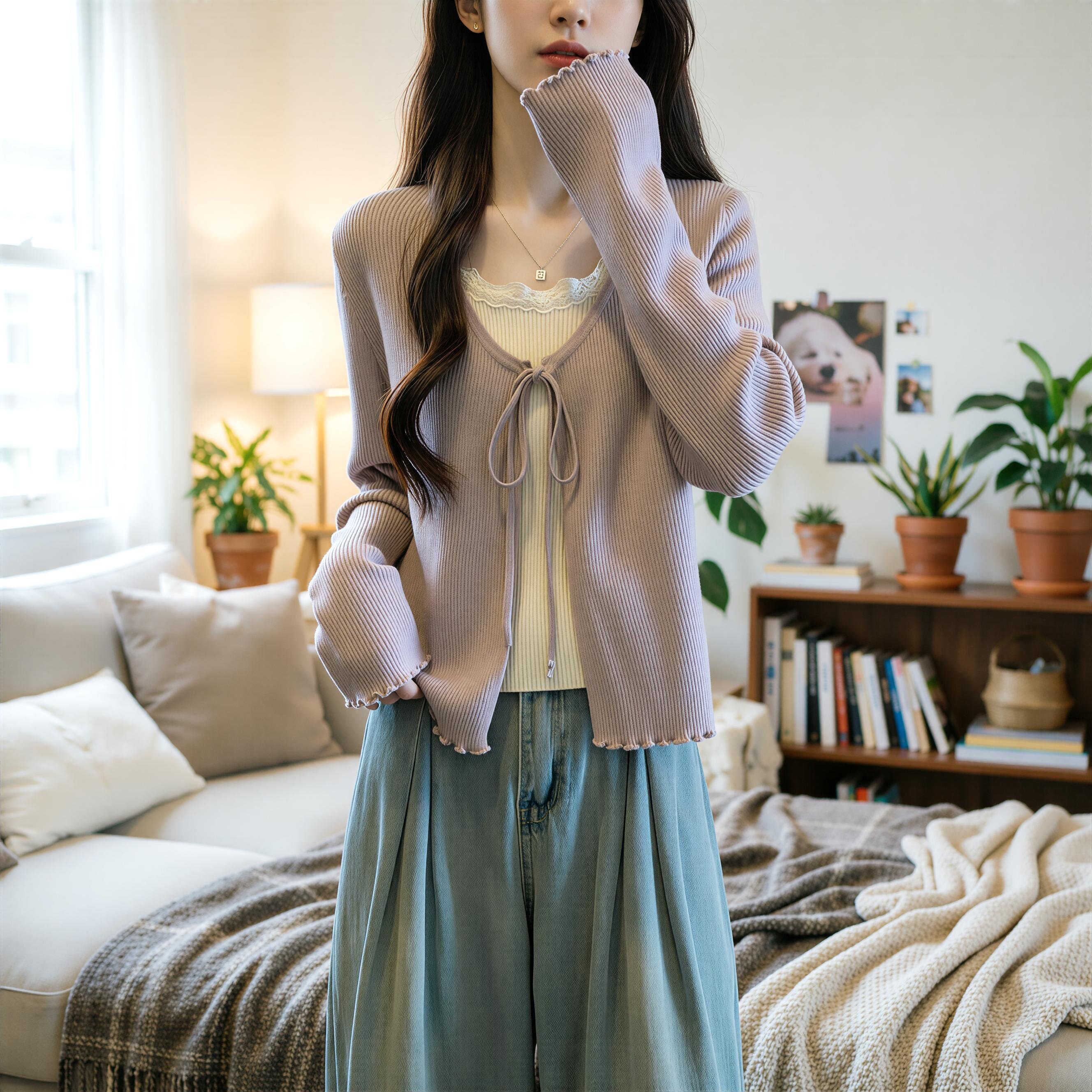 大码女装假两件针织打底衫春秋清新慵懒胖mm高级感小香风上衣 705