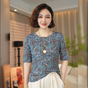 百搭短款 2025夏季 T恤女遮肉显瘦时尚 新款 上衣 高级感印花圆领中袖