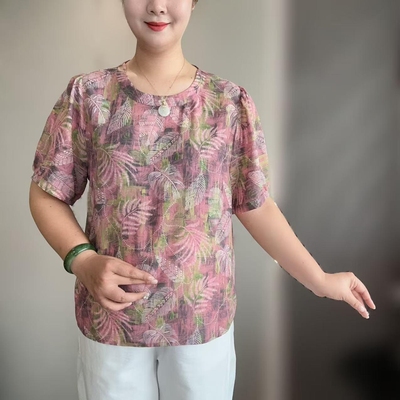 洋气圆领缎面印花短袖小衫女