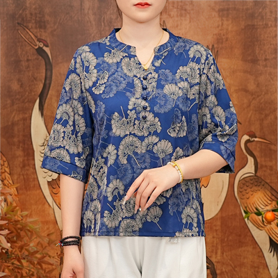 中老年妈妈装衬衫V领五分袖上衣