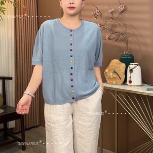 针织开衫 2025夏季 休闲宽松百搭上衣圆领多彩扣纯色五分袖 款 女 时尚