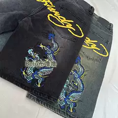 Oldschool American Retro Colorful Dragon Embroidery Letter Print Mid-Length Pants Hip-Hop Street Loose Skateboard Shorts