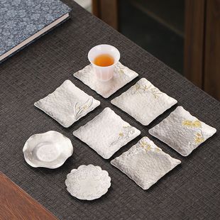 纯锡杯垫 手打锤纹梅兰竹菊杯托 方形圆形功夫茶具茶杯隔热茶托垫