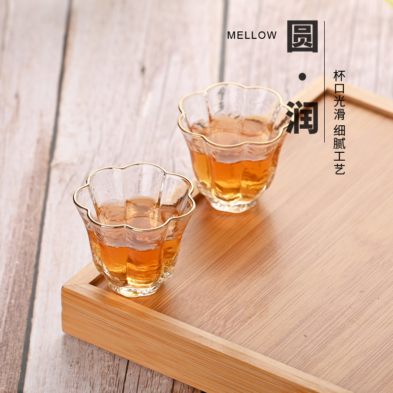 日式描金玻璃金边花瓣高档小茶杯