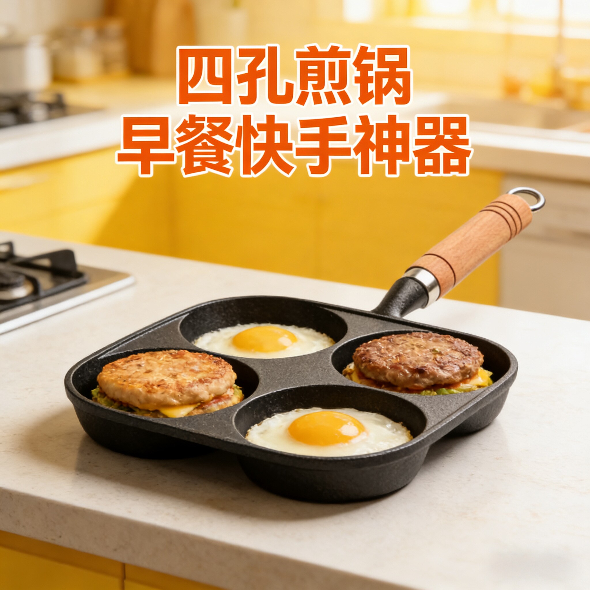 铸铁煎蛋锅四孔鸡蛋汉堡机模具无涂层平底锅不粘早餐锅家用煎蛋饺