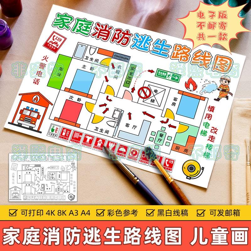 家庭消防逃生路线图儿童绘画小学生预防火灾逃生安全知识教育模板