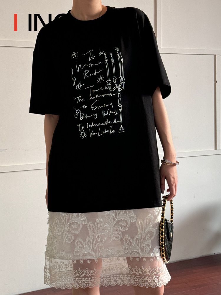 VENA LABEL 24PF 라운드 넥 얇은 프린트 스플 라이스 메쉬 반팔 티셔츠 여성용 레이스 드레스 IINC