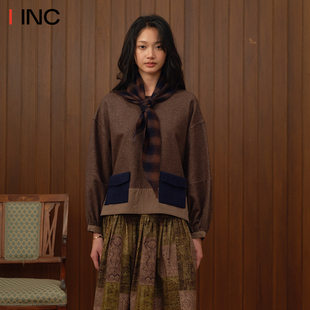 STONE 上衣女25AW秋季 RAW 磨毛棉拼接长袖 百搭IINC 新款 撞色套头衫