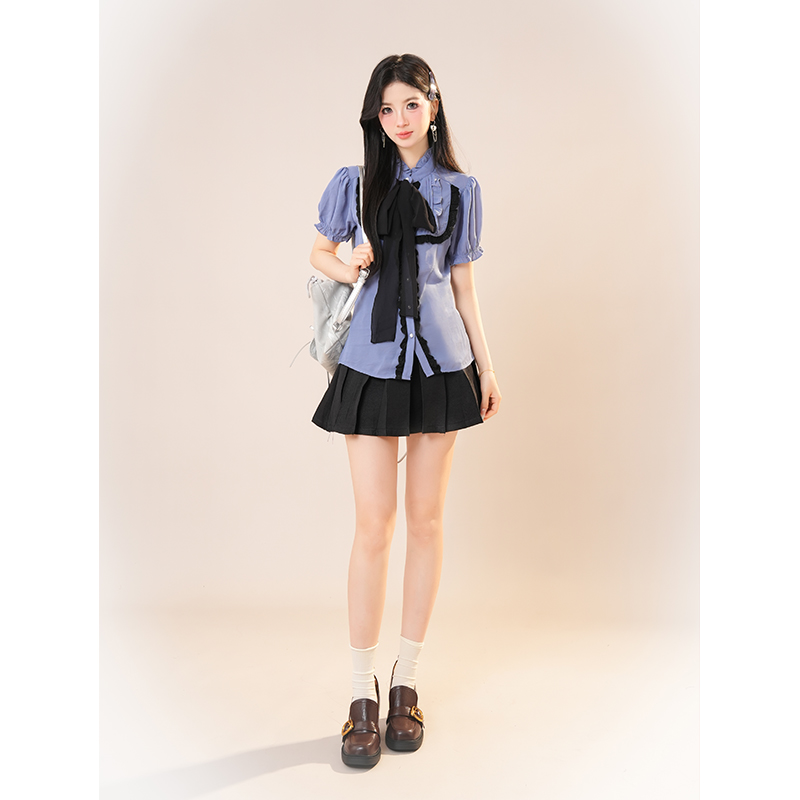 半眠少女 复古气质vintage紫色衬衫收腰显瘦设计感辣妹短裙套装夏