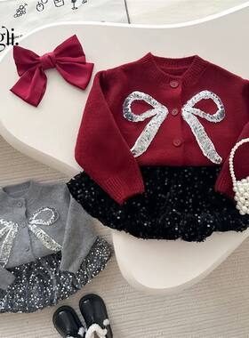 【软心泡芙】柠里女童2024冬季新款蝴蝶结加厚毛衣外套半裙两件套