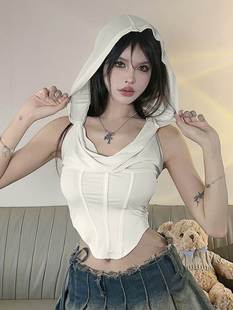 沙丘废土风连帽无袖背心女夏不规则小众设计感显瘦露背鱼骨上衣