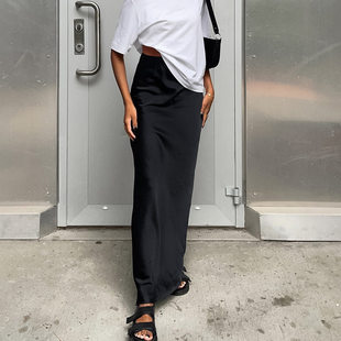 百搭春夏新款 纯色仿真丝半身裙欧美风高腰色丁包臀裙长裙子 女装