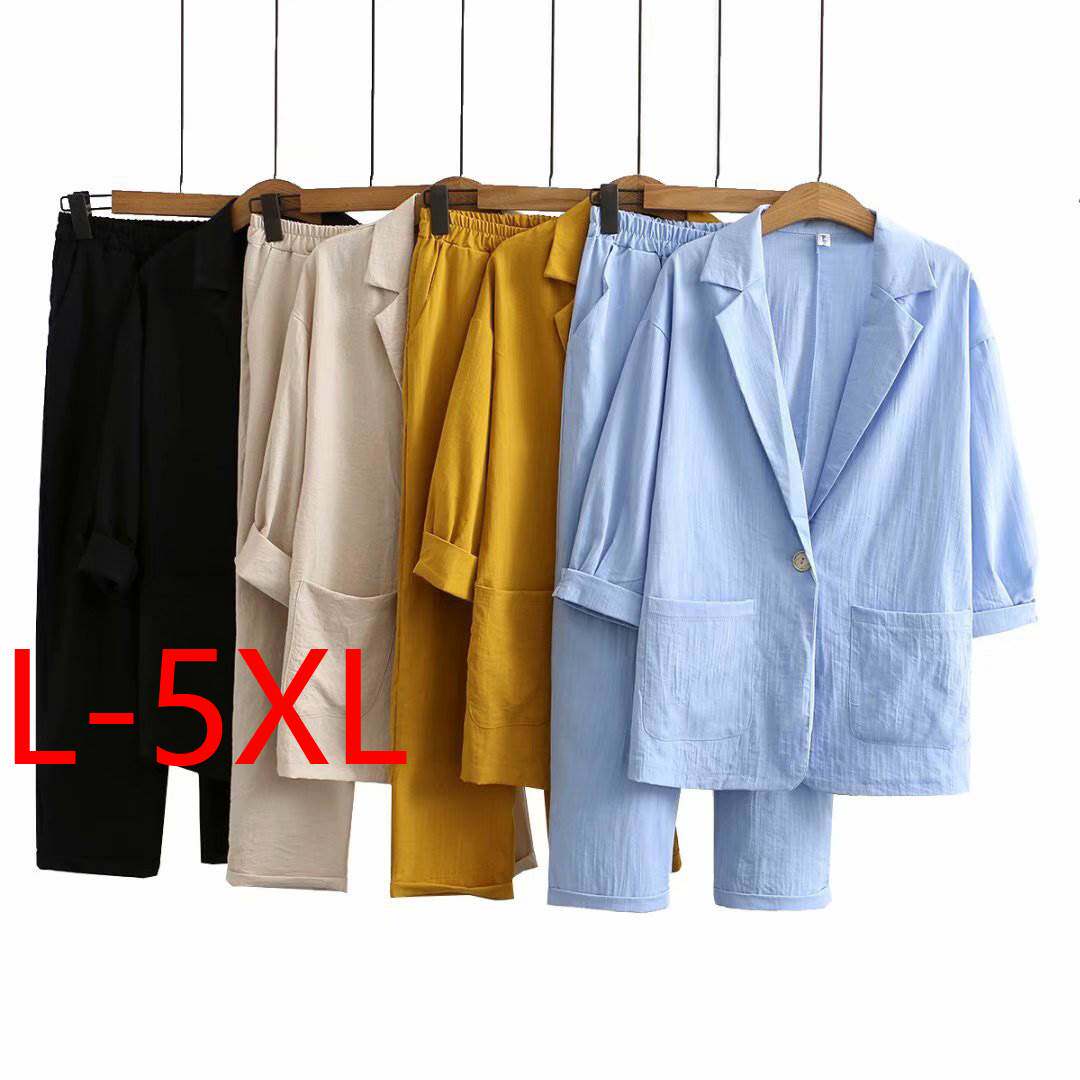 fat棉麻大码西装套装plus size suit two piece jacket pants Set