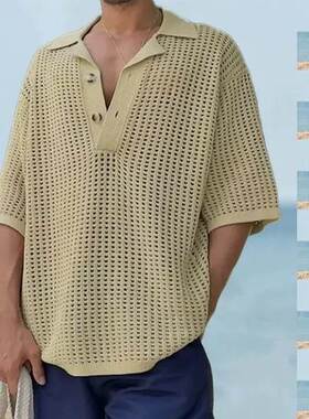 Polo neckline hollowed out shirt loose size knitted sweater