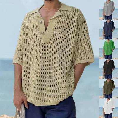 Polo neckline hollowed out shirt loose size knitted sweater