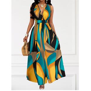 V领印花收腰A字无袖 时尚 背心连衣裙长裙DRESS 新款 欧美夏季